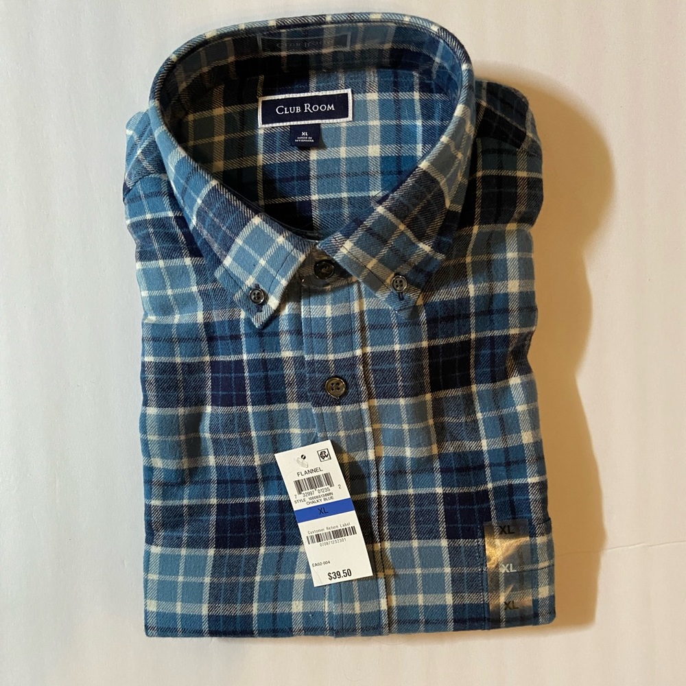 🆕NEW-MEN’S CLUB ROOM BY MACY’S FLANNEL BLUE AND WHITE PLAID BUTTON DOWN SHIRT. - Picture 9 of 15